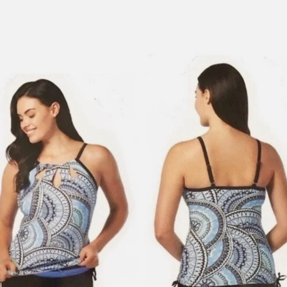 Free Country XXL Womens Mist Blue Black Mandala Tankini Swim Top EUC 18 - Picture 2 of 6